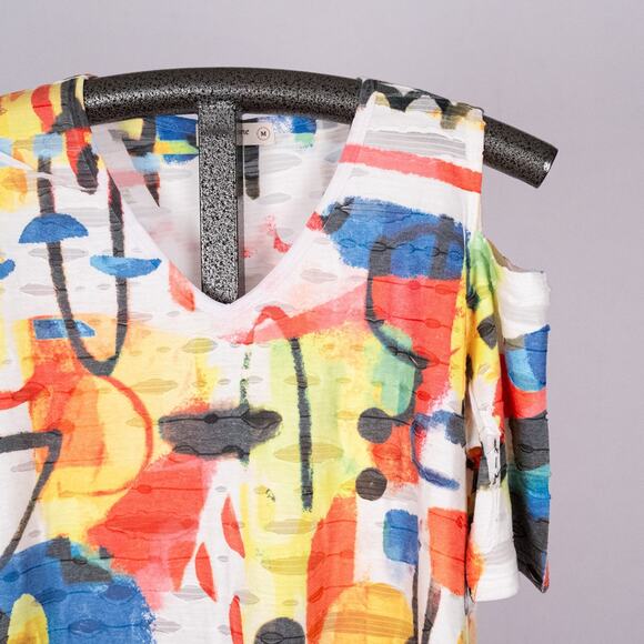 Jess & Jane Womens Colorful Cold Shoulder Tunic Top MEDIUM Wearable Art Abstract - Picture 2 of 6